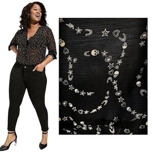 Black Sheer Blouse with White and Gray Symbols